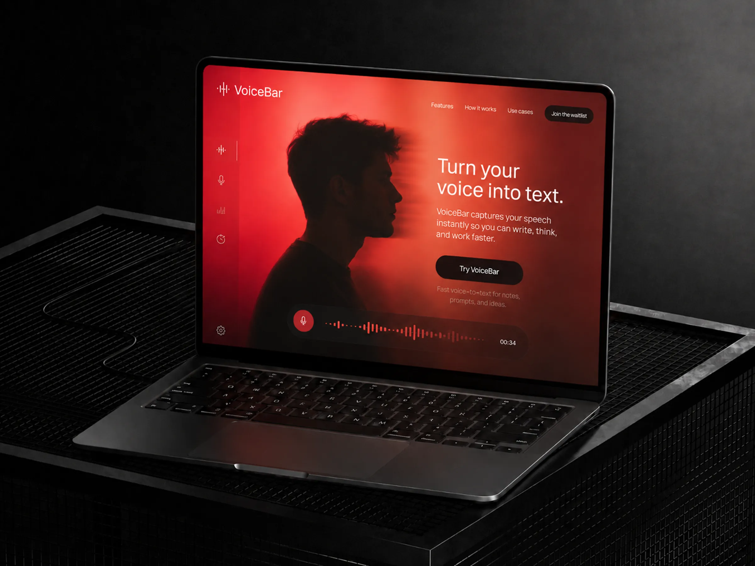 VoiceBar preview on a laptop in a dark workspace